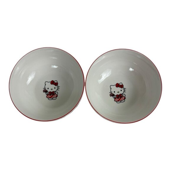 Hello Kitty Christmas Holiday Candy Cane Ceramic Bowl by Sanrio Set of 2 6" NEW - Picture 3 of 9